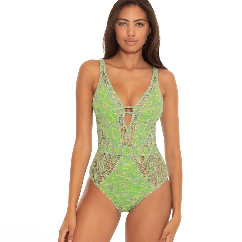 BECCA by Rebecca Virtue Mosaic Crochet Plunge One-Piece in Kiwi size Medium